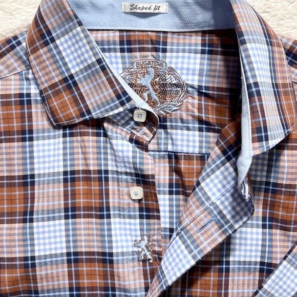 Bugatchi Mens Plaid Blue Brown Logo Embroidered Long Sleeve Buttondown Shirt - Picture 2 of 9